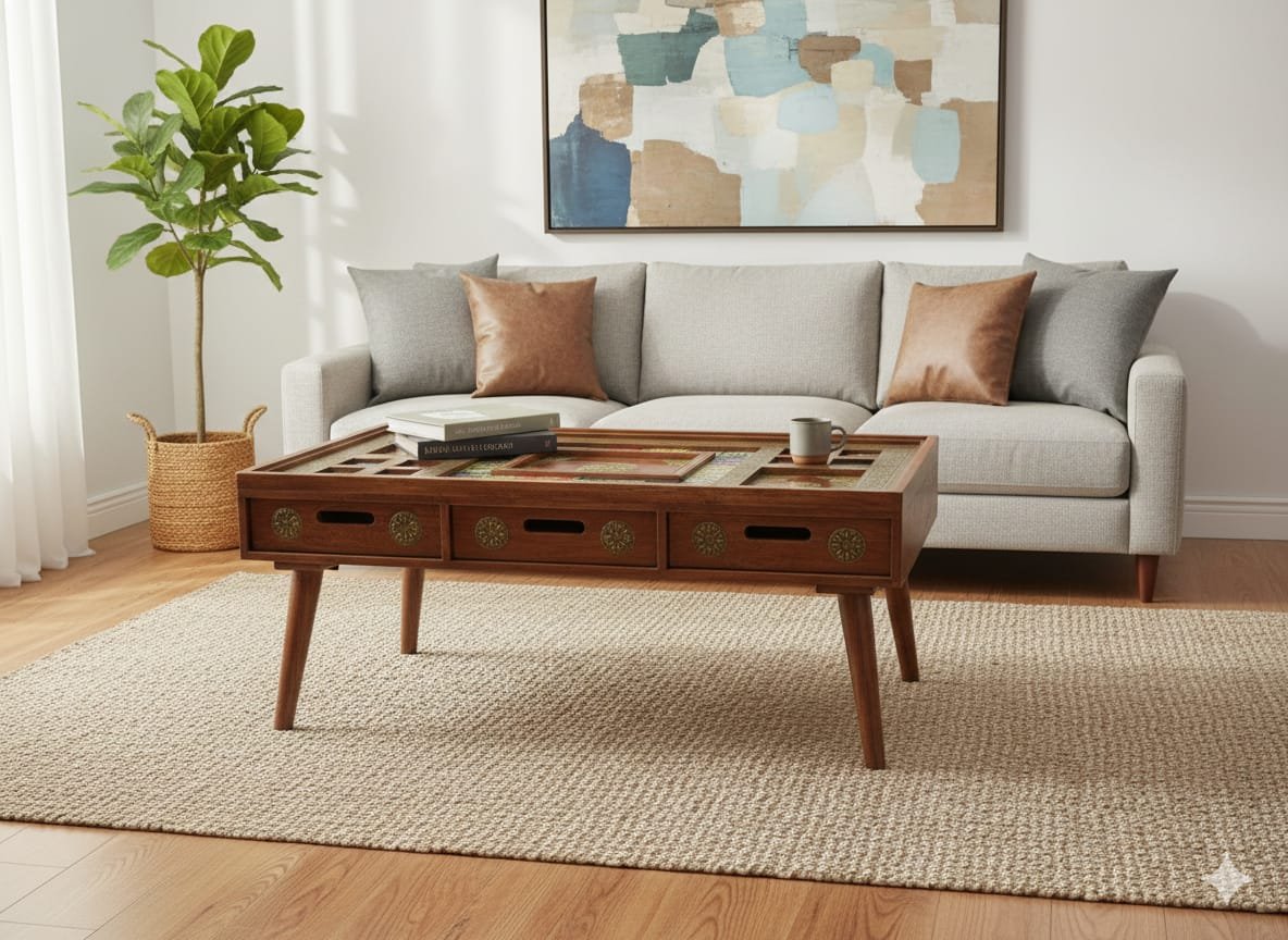 Timeless Craftsmanship: The Brass and Tile-Inlay Carved Coffee Table - Image 4