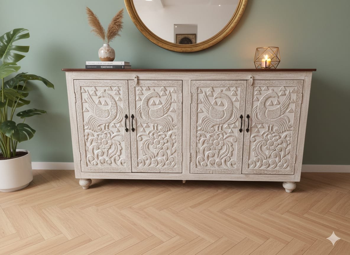 Hand-Carved Peacock Medallion Sideboard - Image 4