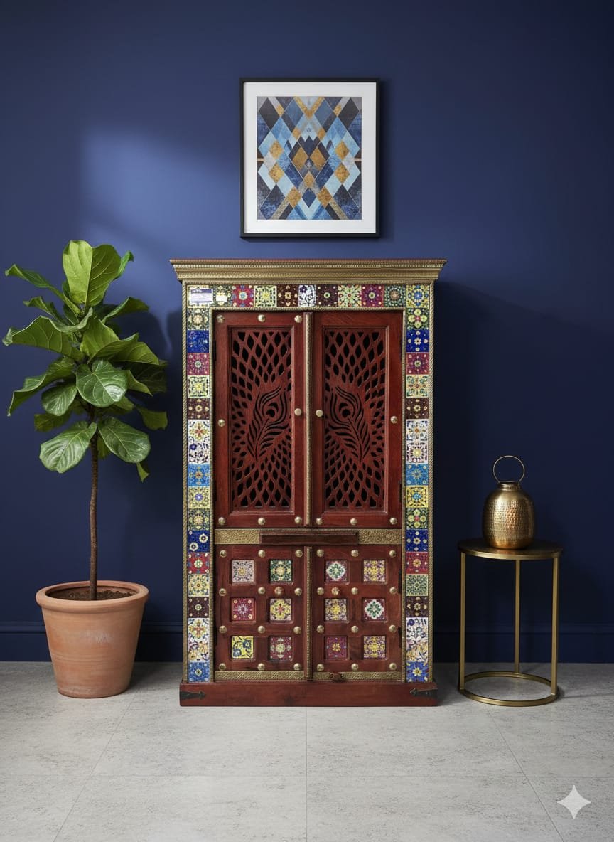 Exquisite Hand-Painted Peacock Jali Wood Mandir - Image 3