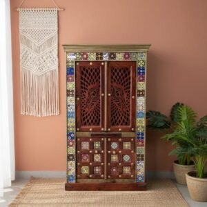 Exquisite Hand-Painted Peacock Jali Wood Mandir