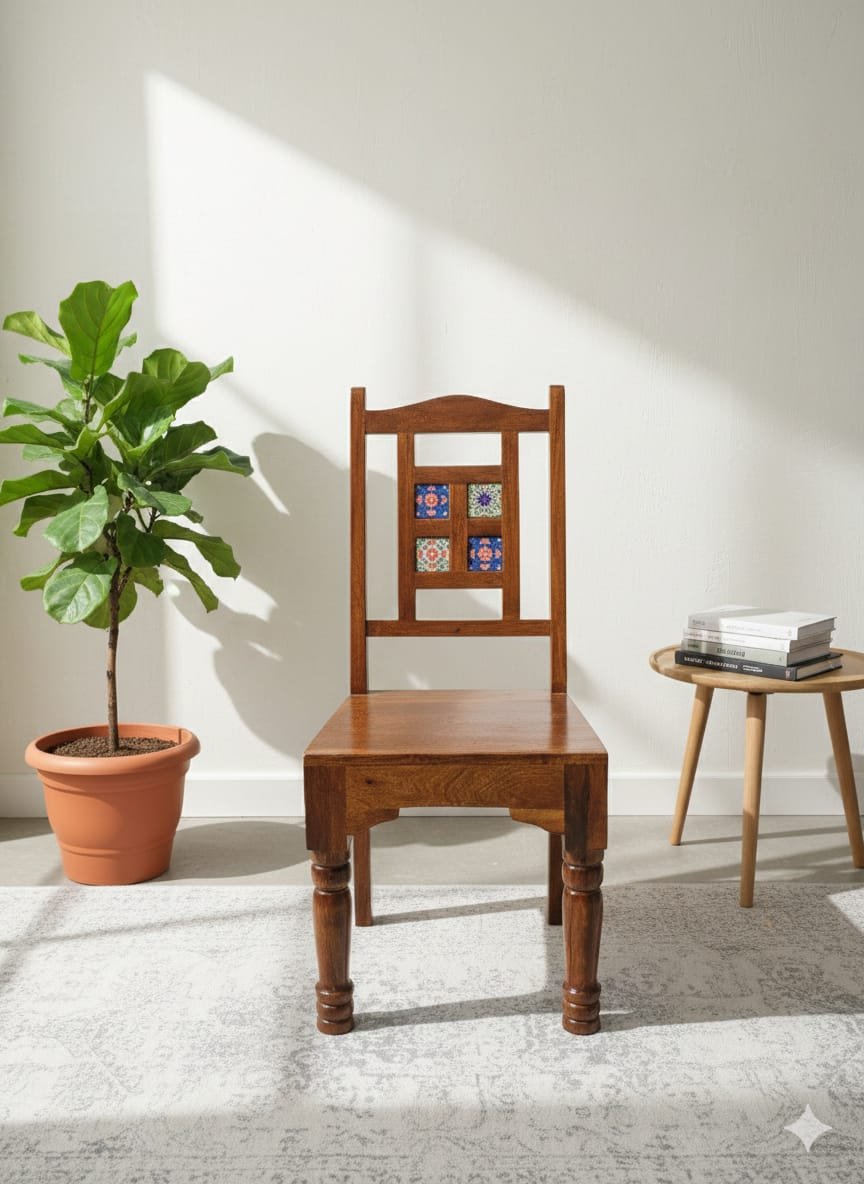 Handcrafted Artisan Solid Wood Chair with Tile Accents - Image 3