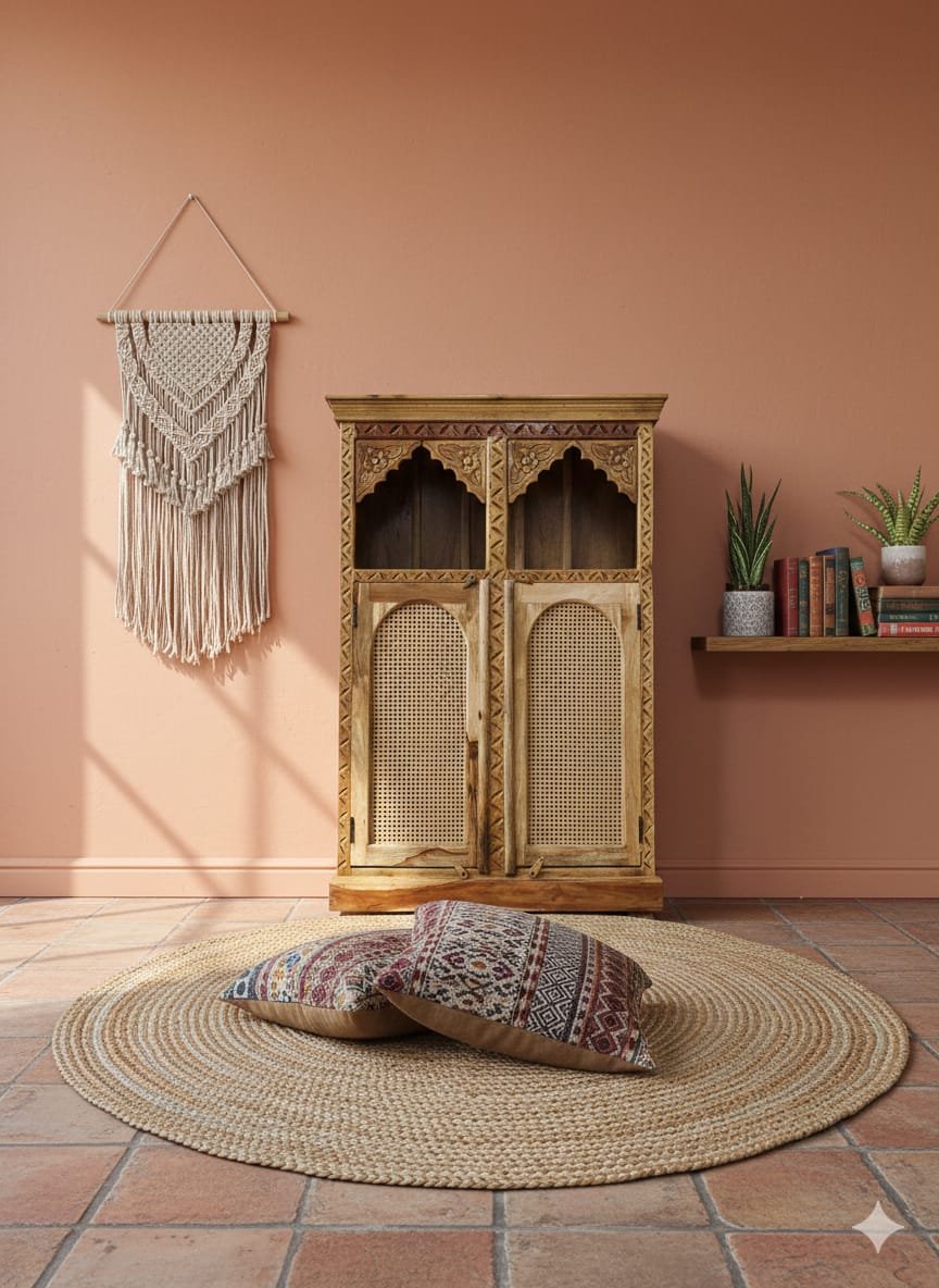 Handcrafted Teak & Rattan Arched Cabinet - Image 3