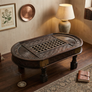 Hand-Carved Artisan Coffee Table with Brass Inlay