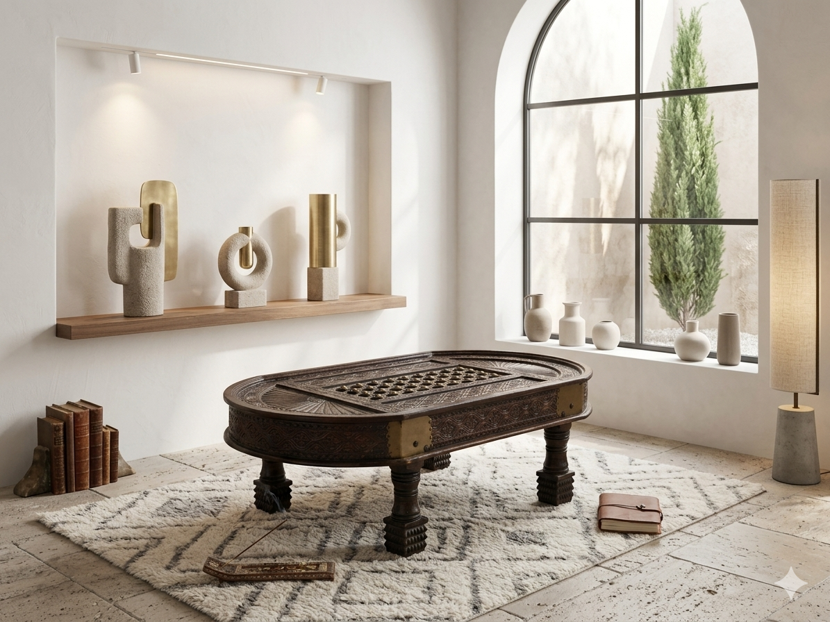 Hand-Carved Artisan Coffee Table with Brass Inlay - Image 2