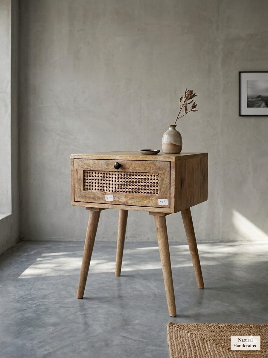 Scandi-Modern Mango Wood Bedside Table with Rattan Detail - Image 2