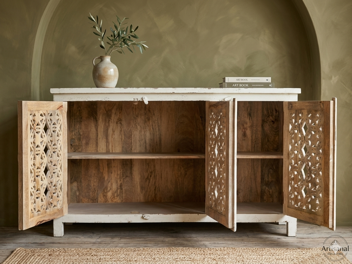 Vintage White Hand-Carved Mango Wood Sideboard - Image 2