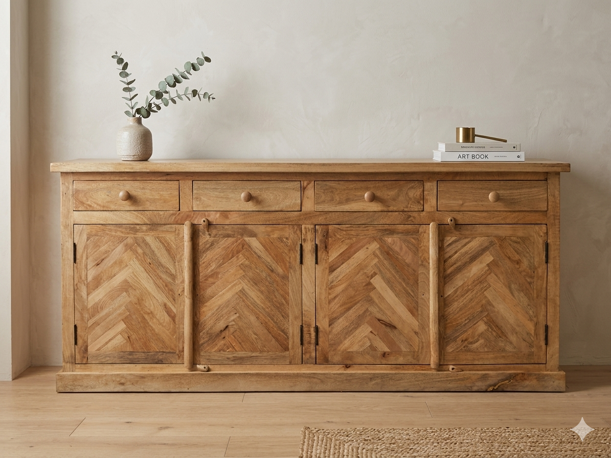 Handcrafted Mango Wood Herringbone Sideboard