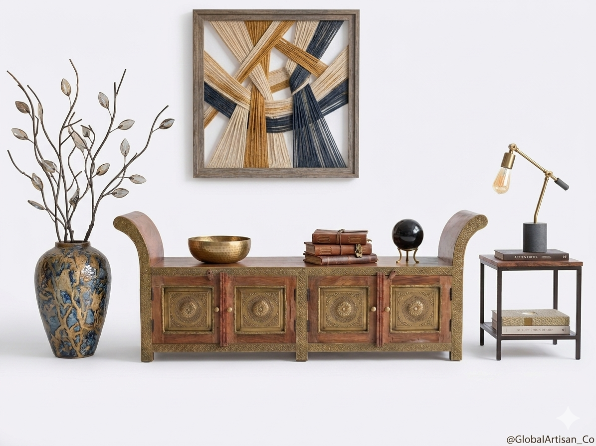 Handcrafted Solid Wood Storage Bench with Brass Inlay - Image 2