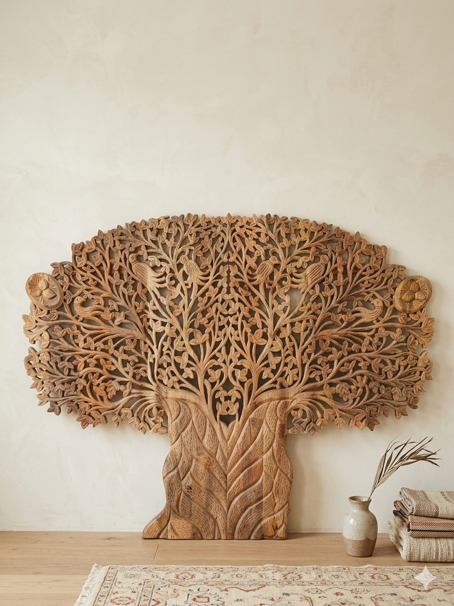 Majestic Tree of Life: Hand-Carved Solid Wood Wall Panel