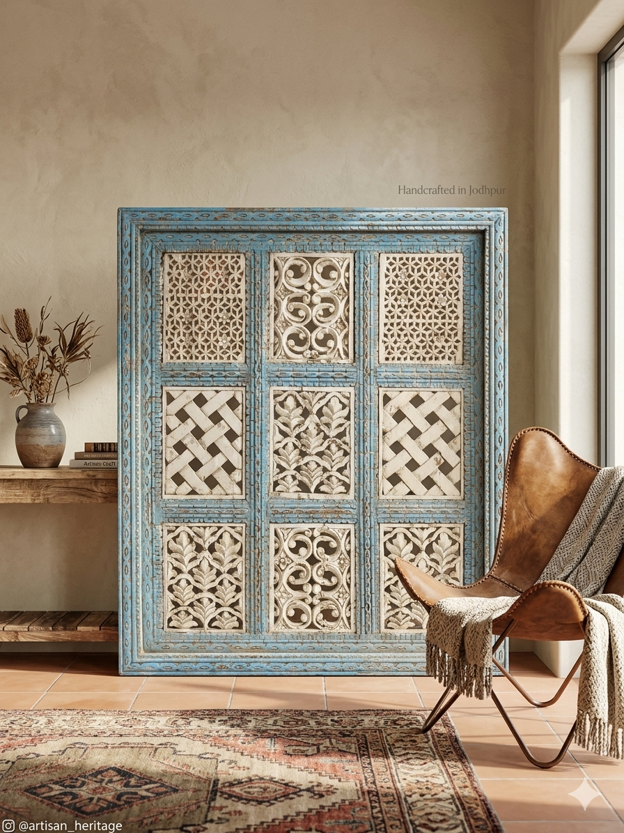 Vintage Jodhpur Heritage: Hand-Carved 9-Block Jali Wall Panel