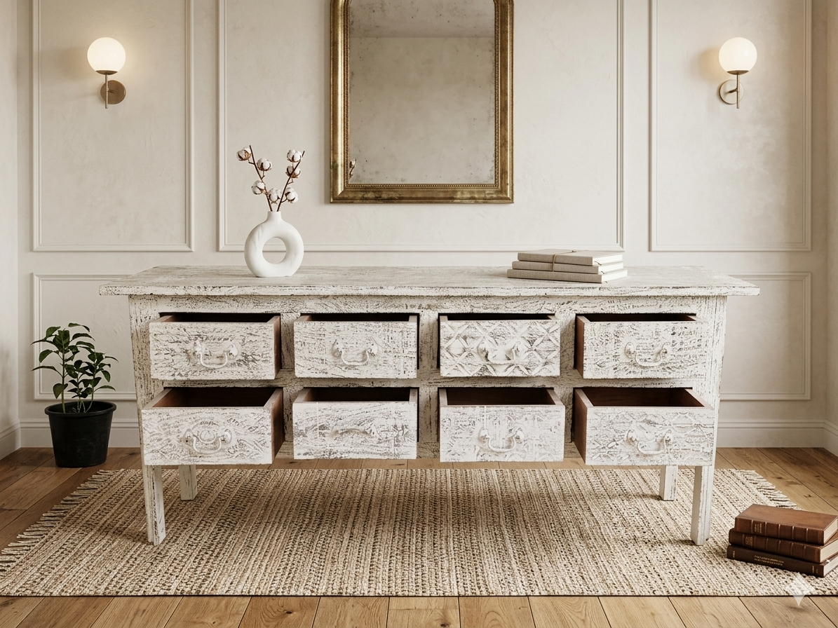 Handcrafted Antique White Console Table – 8 Drawers - Image 3