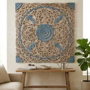 Mandala Symphony: Hand-Carved Square Floral Wall Panel