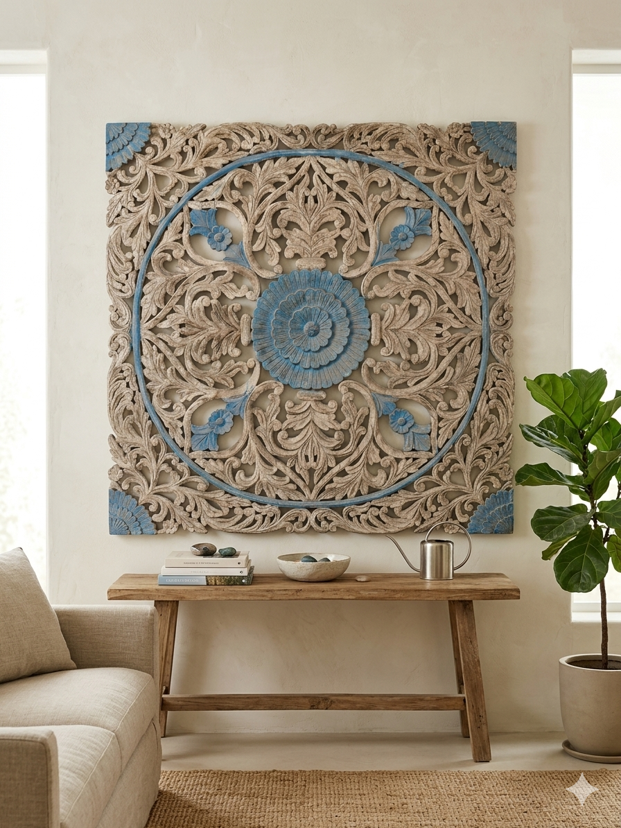 Mandala Symphony: Hand-Carved Square Floral Wall Panel