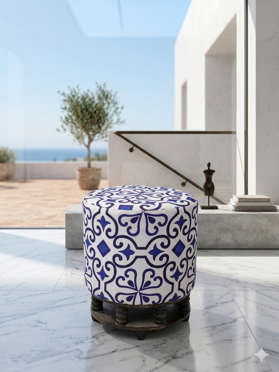 Geometric Azure Upholstered Ottoman Stool - Image 2