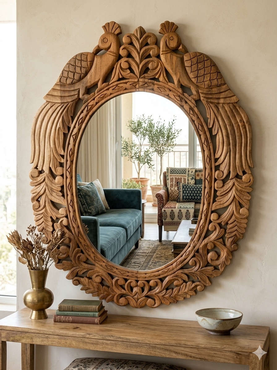 Handcrafted Peacock Motif Solid Wood Mirror Frame
