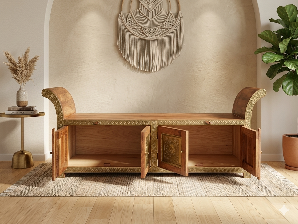 Handcrafted Solid Wood Storage Bench with Brass Inlay - Image 4