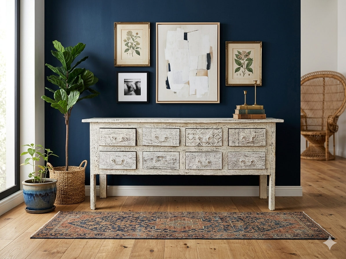 Handcrafted Antique White Console Table – 8 Drawers