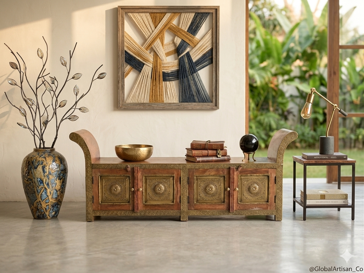 Handcrafted Solid Wood Storage Bench with Brass Inlay