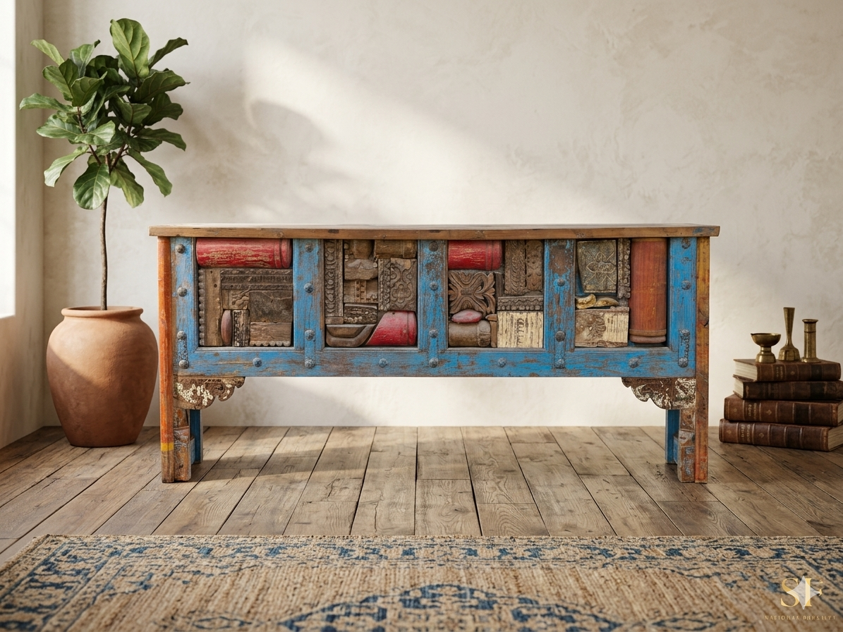 Vintage Reclaimed Wood Artisanal Console Table