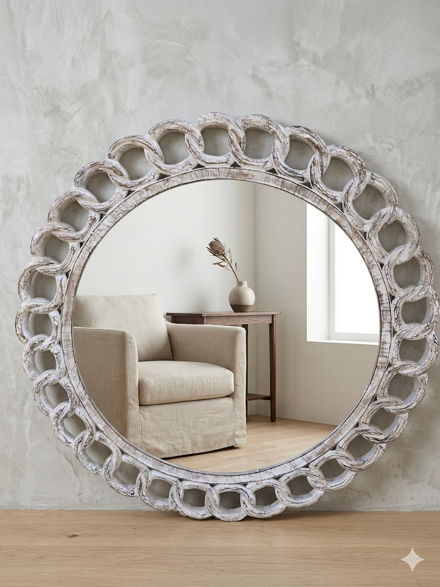 Handcrafted Distressed White Circular Mirror Frame