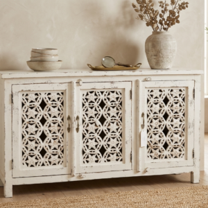 Vintage White Hand-Carved Mango Wood Sideboard
