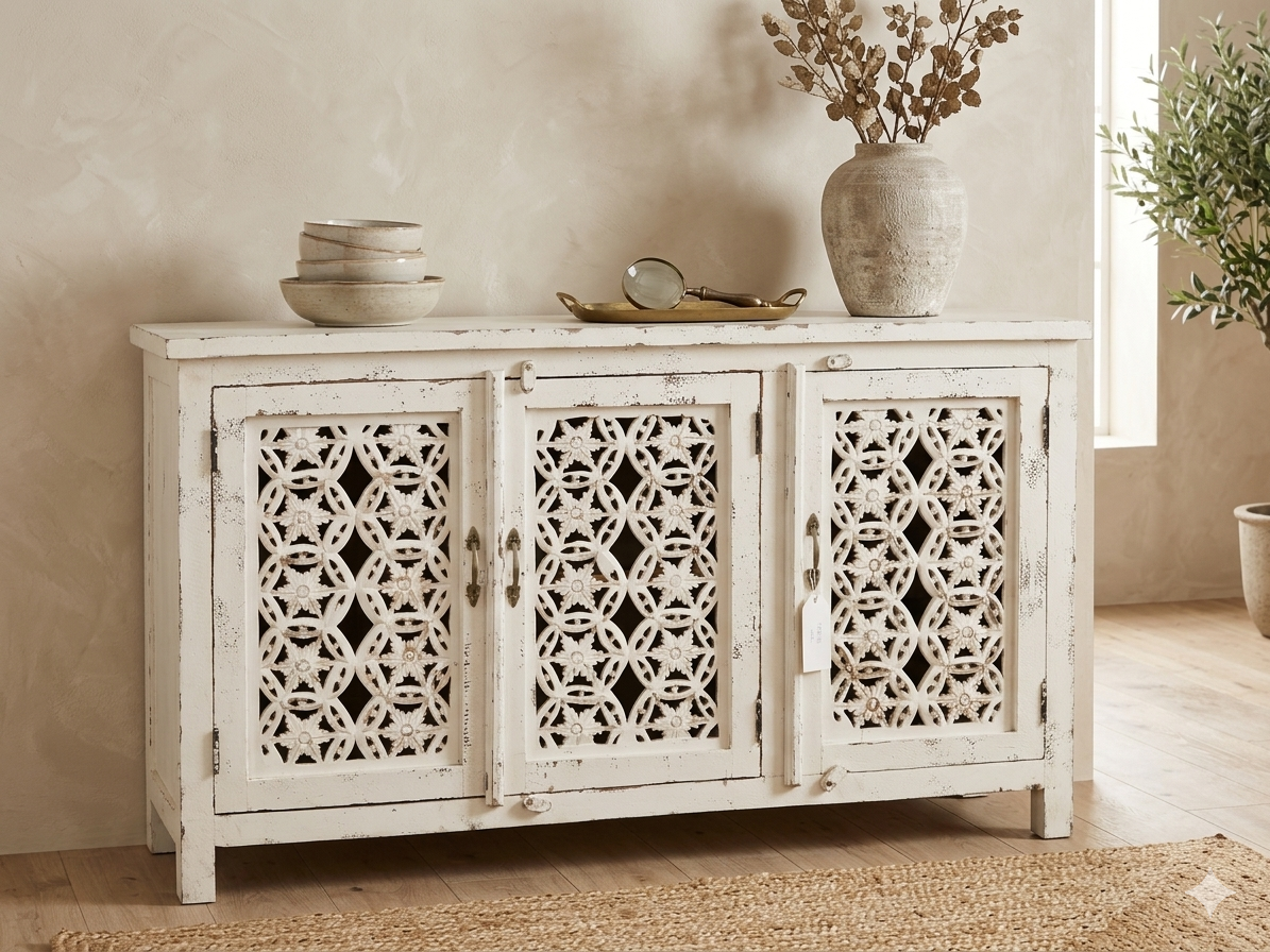 Vintage White Hand-Carved Mango Wood Sideboard