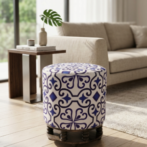 Geometric Azure Upholstered Ottoman Stool