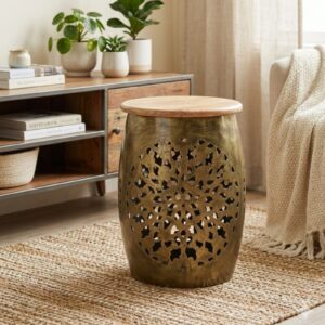 Brass Filigree Flower Stand with Mango Wood Top